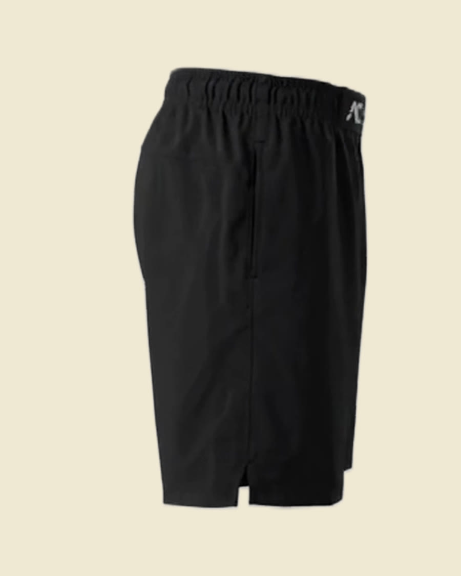 All Corners Shorts in black, side view showing the hook-and-loop side pocket